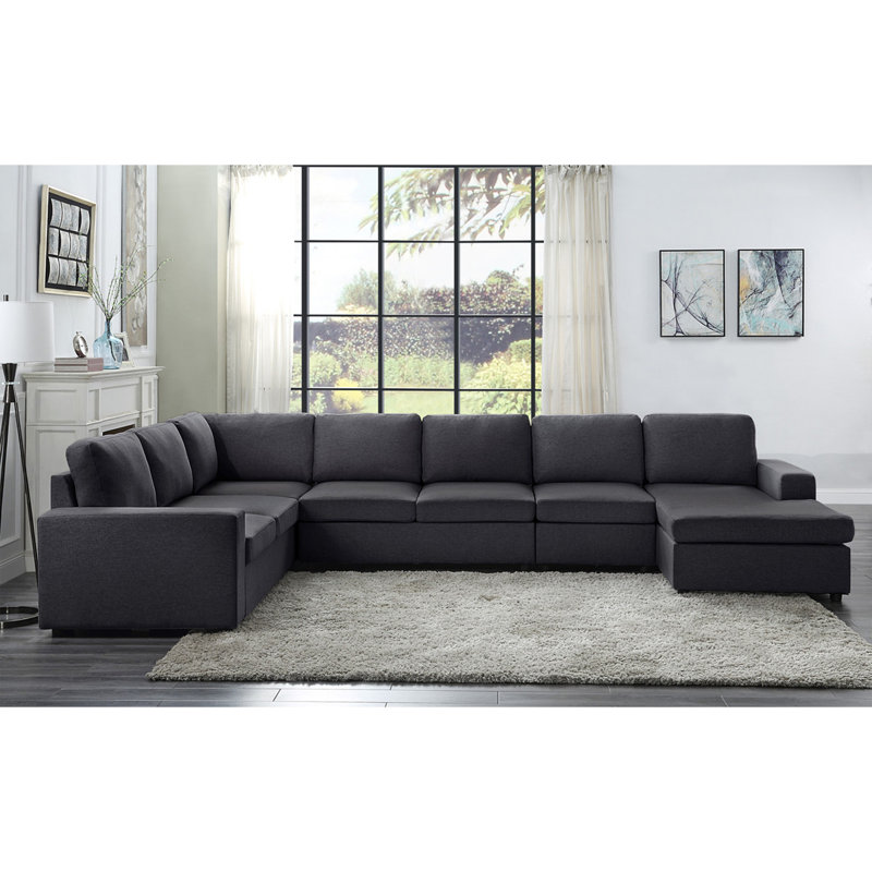 Canapé modulaire 146,5 po avec méridienne réversible en lin gris foncé, Gris foncé