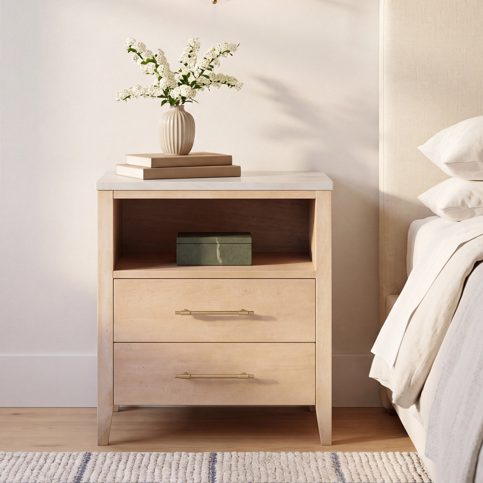 Isa Marble Top 2-Drawer Nightstand, Brown