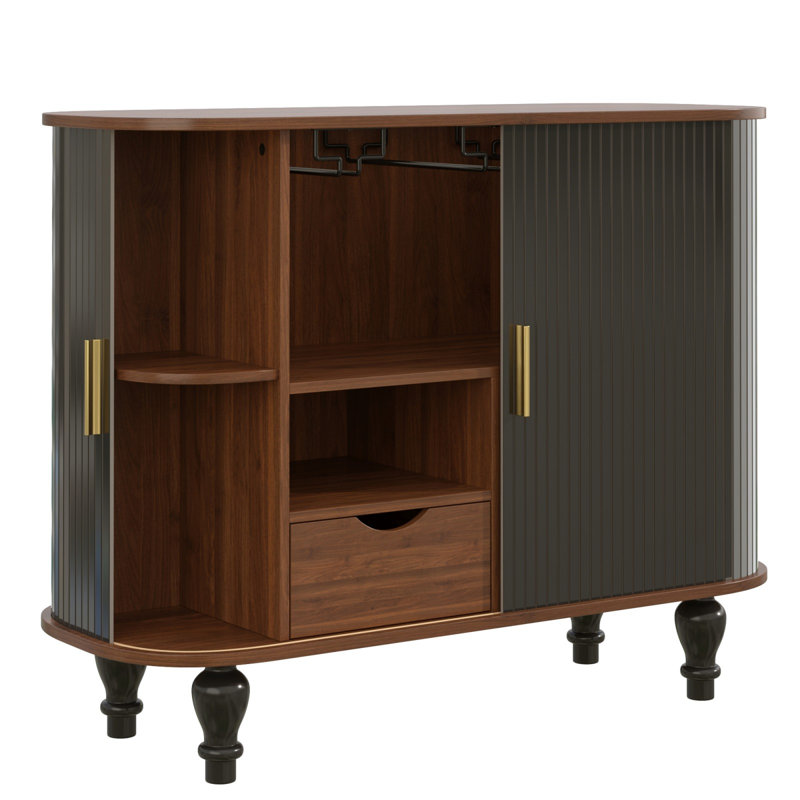 Armoire bar cannelée, station de café noir avec porte-bouteilles, porte-verres et tiroir, Black