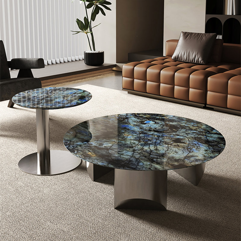 Modern round marble coffee table, 14.6" H x 31.5" L x 31.5" W