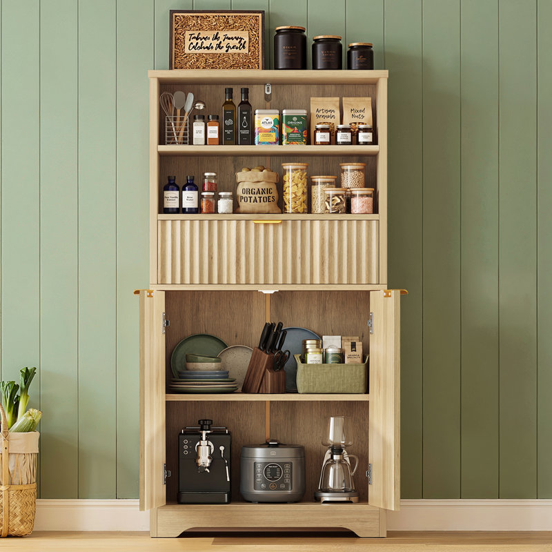 Armoire de rangement cannelée autoportante avec tablettes ouvertes réglables, naturel