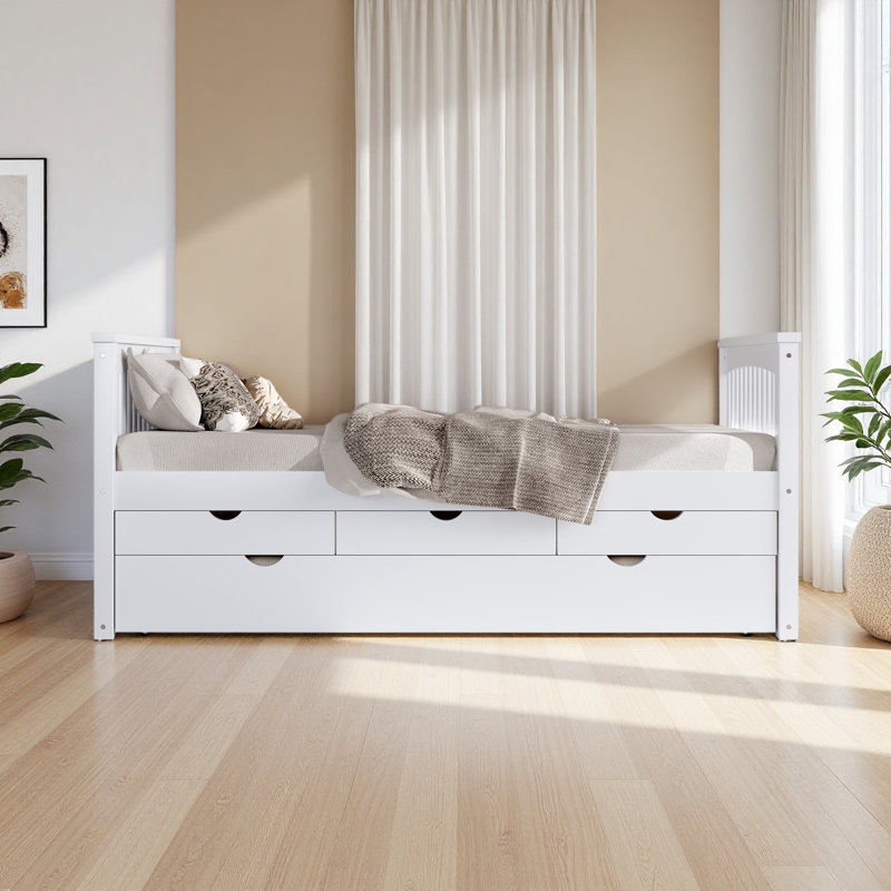 Lit plateforme simple avec tiroirs et lit gigogne, lit de jour en bois massif, sans sommier, Blanc