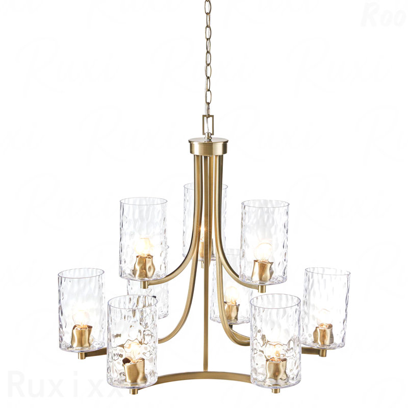 Lustre - configuration à 9 lumières, conception ronde à niveaux, abat-jour en verre texturé
