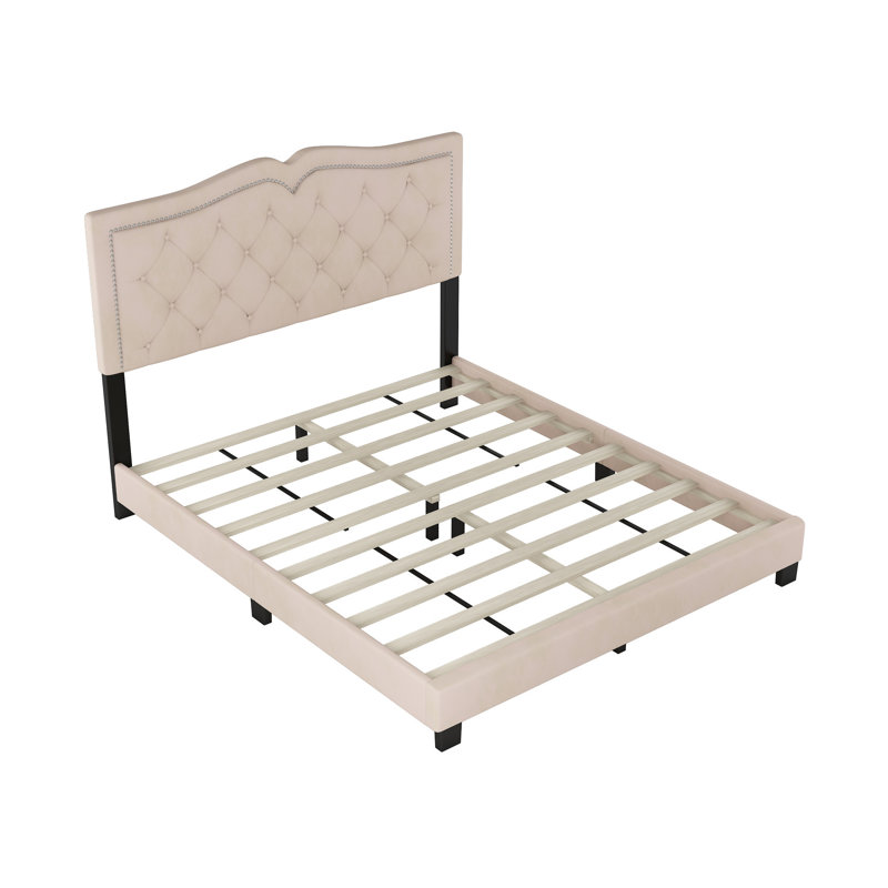 Upholstered Bed Frame with Rivet Design, Modern Velvet Platform Bed with Tufted Headboard, Beige, Queen