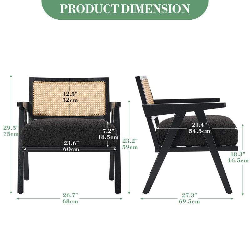 Chaise d'appoint Mid-Century moderne avec dossier en rotin, coussin en lin et structure en bois, fauteuil de ferme pour salon ou chambre à coucher