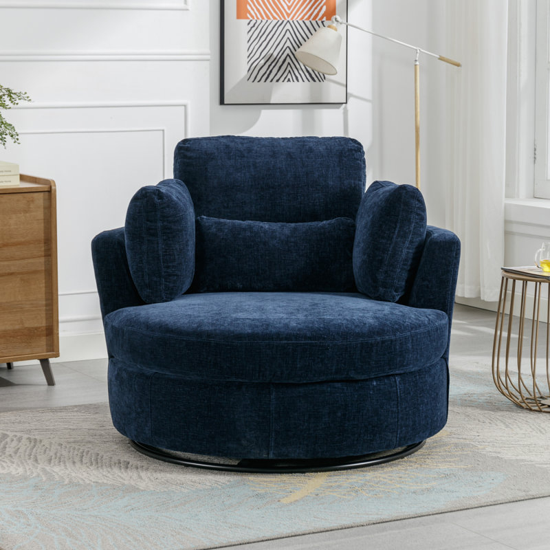 Navy Chenille Swivel Barrel Chair with Ottoman