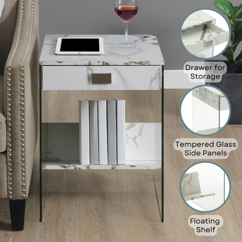 Allegonda 1 Drawer End Table with Shelf, White Faux White