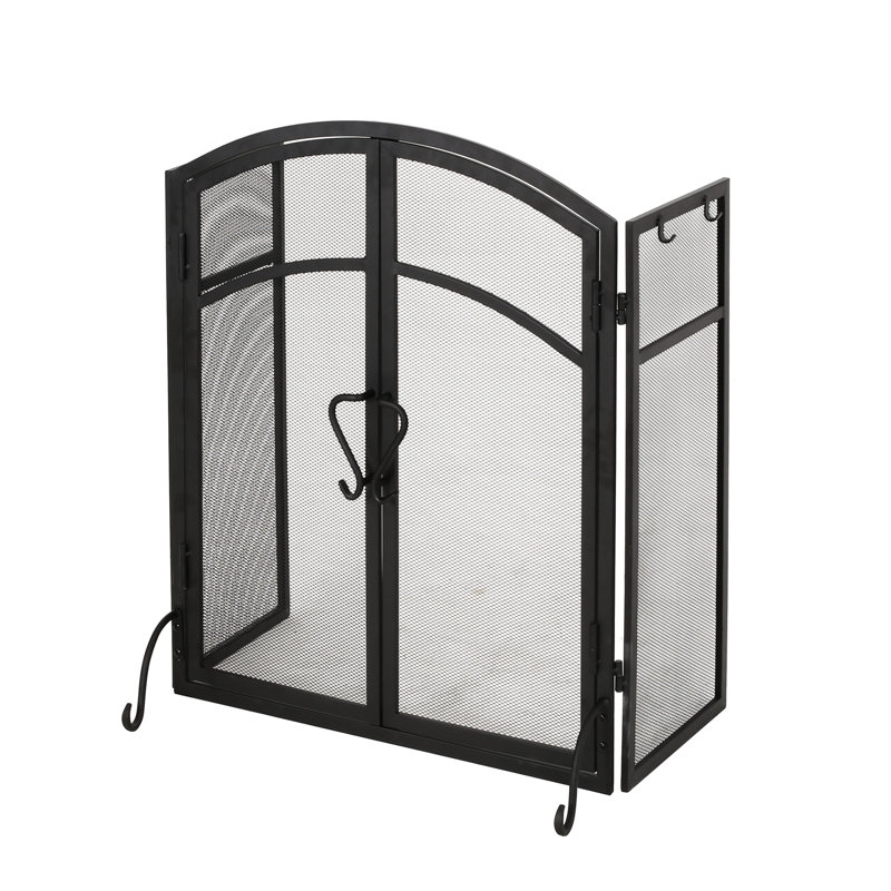 Pare-étincelles moderne en fer avec portes et outils, noir mat, 50,5 po x 32 po 5,5 po et noir mat inclus, 50,5 W 32 H 5,5 P
