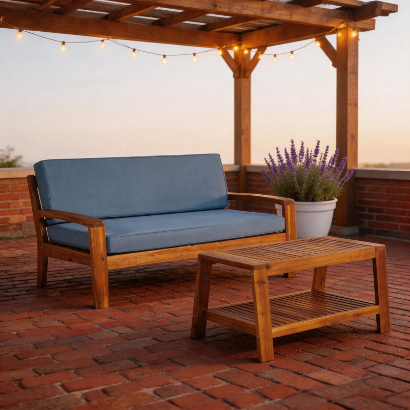 Ensemble de conversation d'extérieur en bois d'acacia 2 pièces, causeuse et table basse à deux niveaux avec coussins bleus résistants à l'eau, ensemble de meubles de patio rustique minimaliste d'une capacité de 350 lb