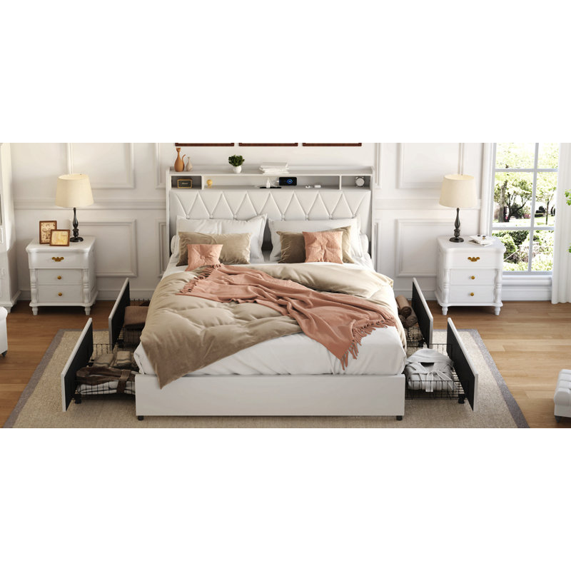 Cadre de lit avec tête de lit ergonomique, cadre de lit plateforme double avec prises et chargeur, cadre de lit double avec tablette de rangement, cadre de lit double, silencieux, pas de sommier tapissier nécessaire