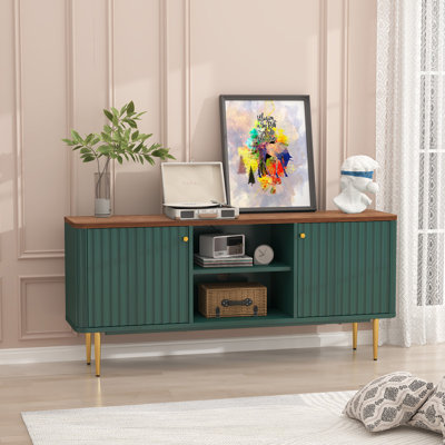 55" Modern Fluted TV Stand, Media Console with Gold Legs, Small Entertainment Center with Cable Management & Adjustable Shelves