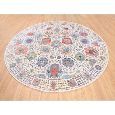 Tapis rond en soie texturée noué à la main 10 pi 1 po x 10 pi en laine texturée Tebraz