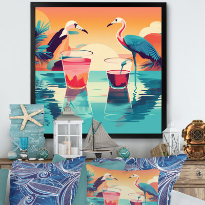 Flamants bleus et roses dans la mer au coucher du soleil sur toile