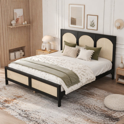 Queen Size Wood Platform Bed with Rattan Headboard and Footboard