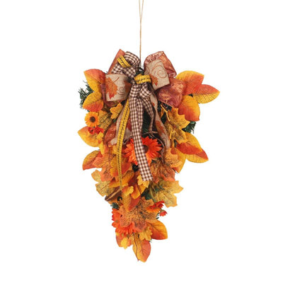 Fall Teardrop Door Swag with Buffalo Plaid Bow, Sunflower & Maple Leaves, Thanksgiving Front Door Decor