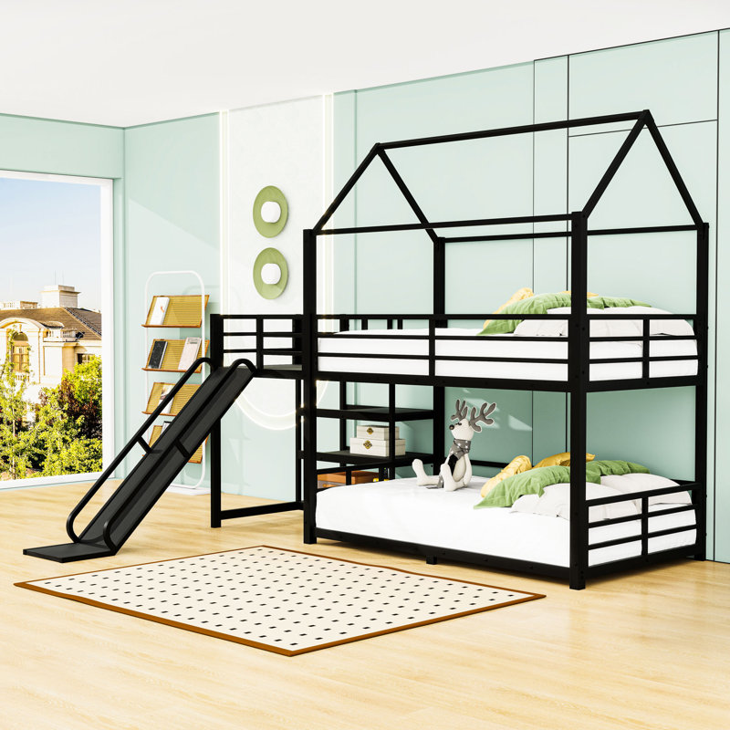 Metal Bunk Bed with Slide and Shelves, Twin Over Twin