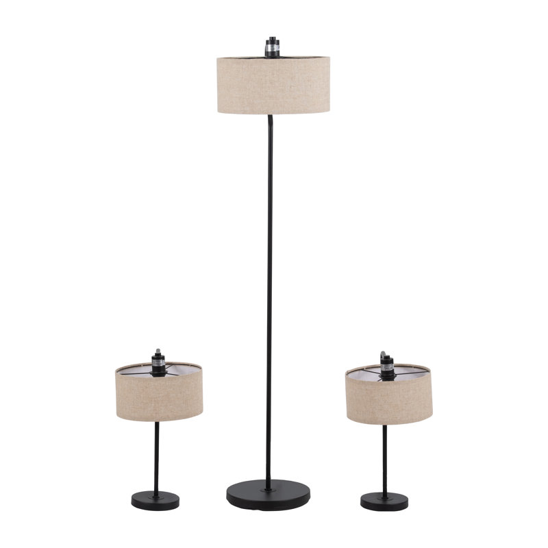 Ensemble de 3 lampes de table et de plancher en métal, abat-jour en lin, noir, moderne et neutre 14 po x 20 po x 61 po