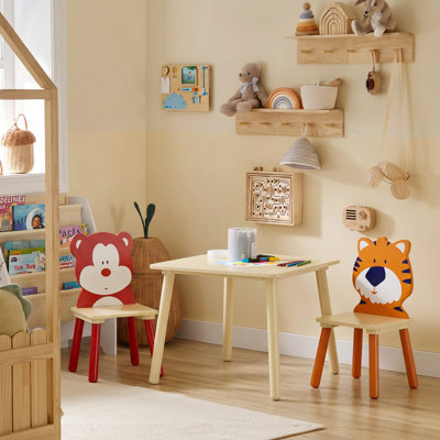 Kids Table and 2 Chairs Set, Toddler Activity Table with Bear & Tiger Animal Pattern Chairs, Wooden Play Table for Drawing, Reading, Snack Time for Playroom & Nursery