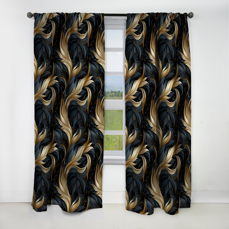 Midnight Charm Gold And Black II - Glam Feather Abstract Blackout Curtain - 1 Panels, 52" W x 95" L