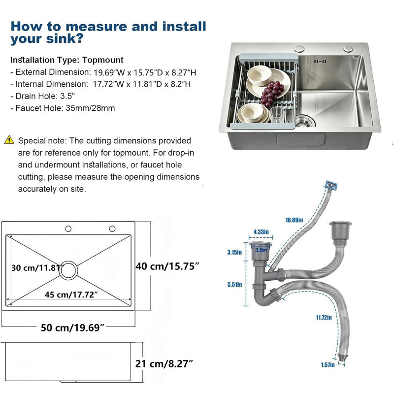 Évier de cuisine Mosson à une cuve de 50 cm (19,7 po) en acier inoxydable brossé, avec kit de vidange et panier d'égouttage réglable