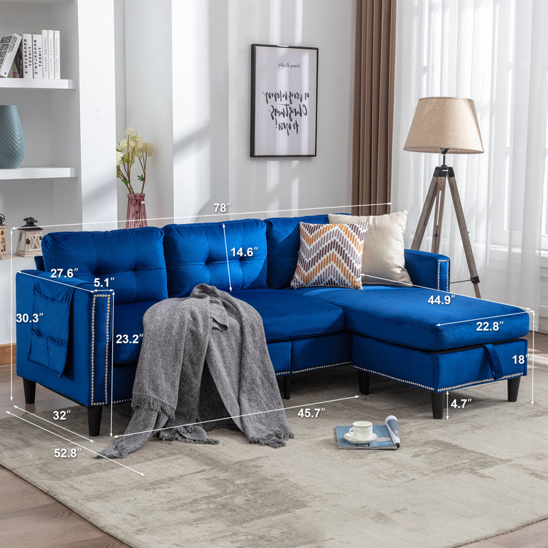 Canapé standard à accoudoirs carrés en velours 78 po Cilia, Velours bleu