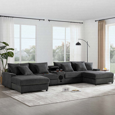 Canapé modulaire en velours côtelé 144 po avec haut-parleurs Bluetooth, console de chargement et repose-pieds avec rangement 144 po