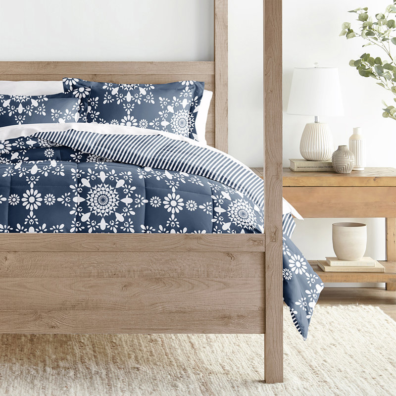 Navy and White Reversible Microfiber King Comforter Set
