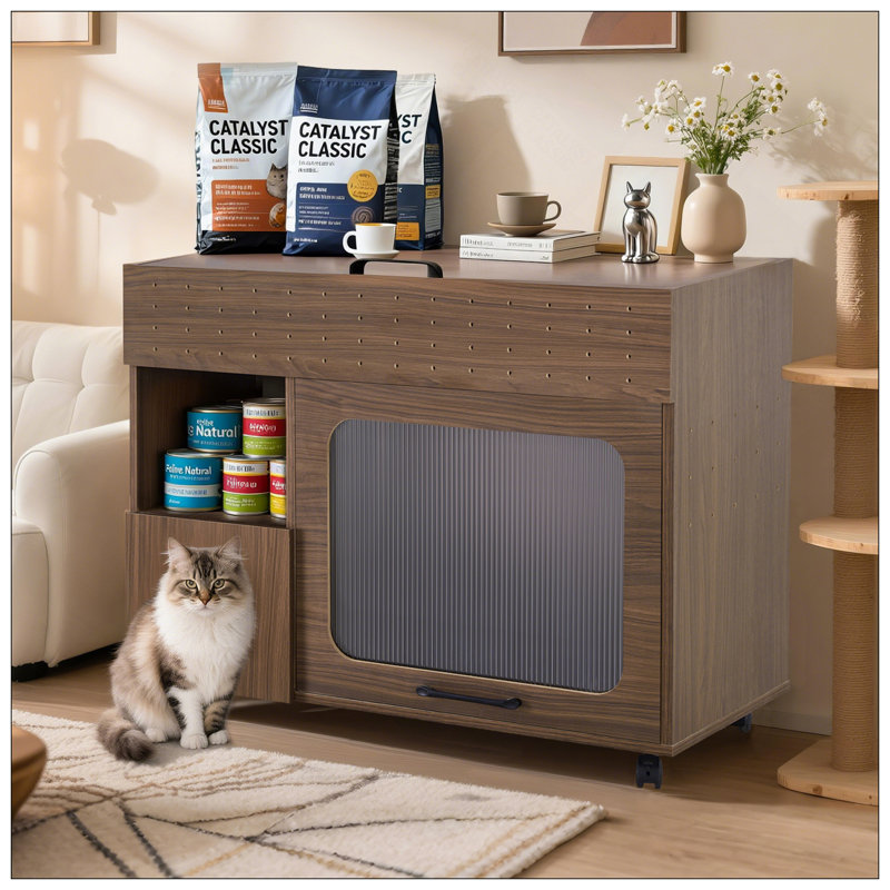 Enceinte de litière 2 en 1 multi-usage 2 en 1, table d'appoint moderne en noyer avec rangement, armoire latérale de buffet