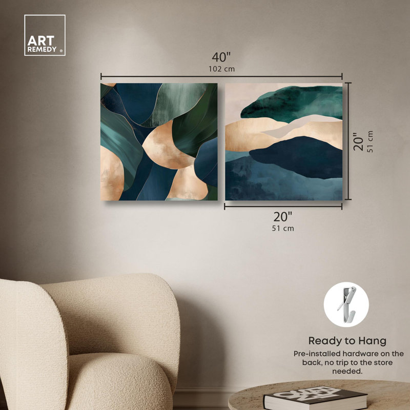 Navy Emerald Set Canvas Set of 2 Blue Green Abstract by , H 20 po x l 20 po, Toile tendue