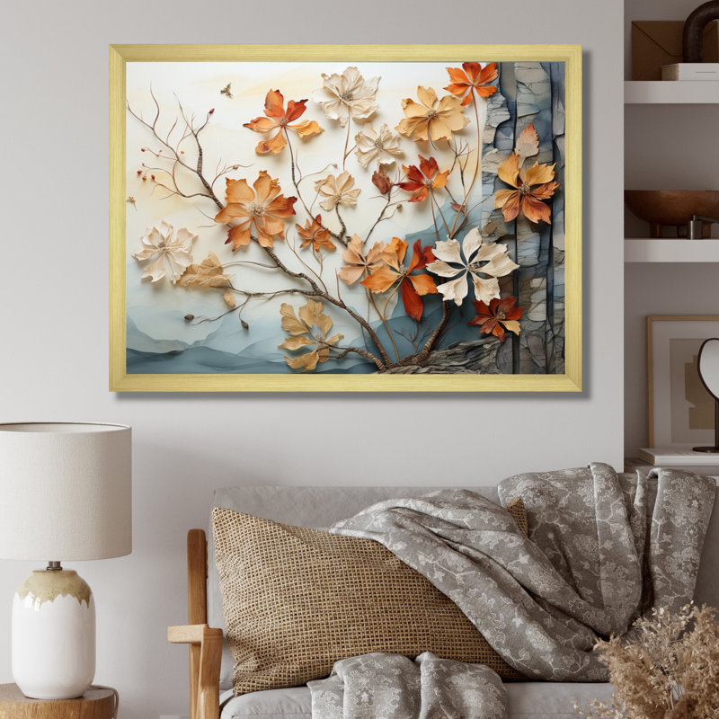 " Peach Grey Maple Tree Whispering Maple II ", 16" H x 32" W, Gold Picture Framed