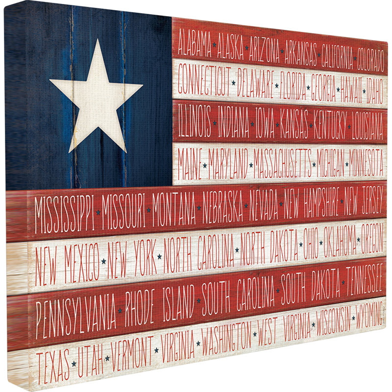 «American Flag with States», art textuel, H 24 po x l 30 po, Toile tendue
