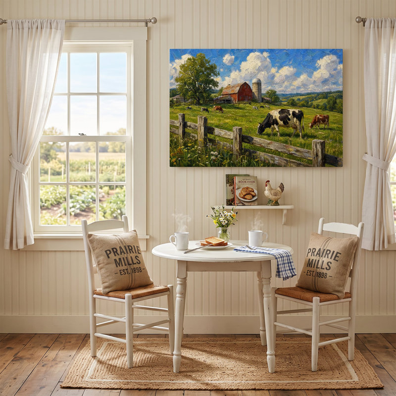 Reproduction sur toile d'une peinture de vaches broutant près d'une grange rouge et d'un silo - 50 x 75 cm, H 20 po x l 30 po