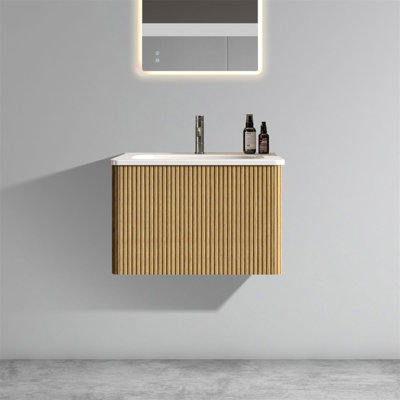 Meuble-lavabo en chêne naturel rayé 24 po avec lavabo en céramique blanche Etna, pré-assemblé Etna