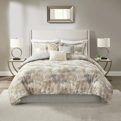 Édredon de luxe très grand - Tissage texturé gris, taupe, crème 2 coussins décoratifs gris 1 jupe de lit incluse