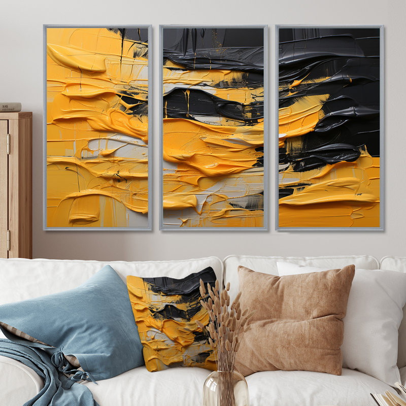 «Bold Mustard Yellow Tranquility - Abstract», reproduction d'art mural, H 28 po x l 36 po x P 1 po, Encadrement argenté