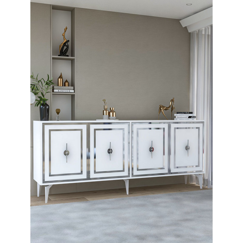 Buffet 4 portes avec détails rectangulaires dorés / argentés, Blanc / argenté