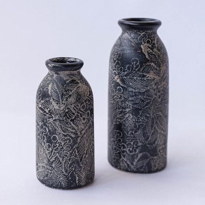 Set Of 2 Cylinder With Lip And Soft Floral Etched Pattern Vase