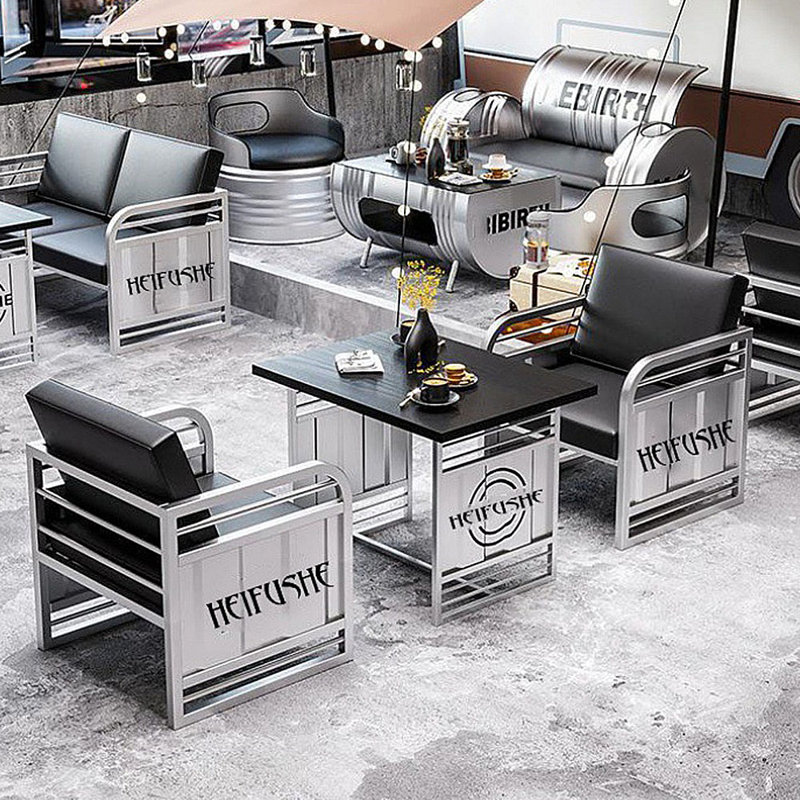 Industrial Style Card Seat Sofa Table Set 2 - Person Solid Wood Top Trestle Dining Set