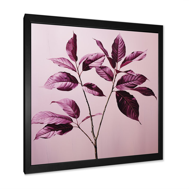 Impression sur toile, feuilles mauves et prune, H 16 po x l 16 po x P 1 po, Cadre simple noir