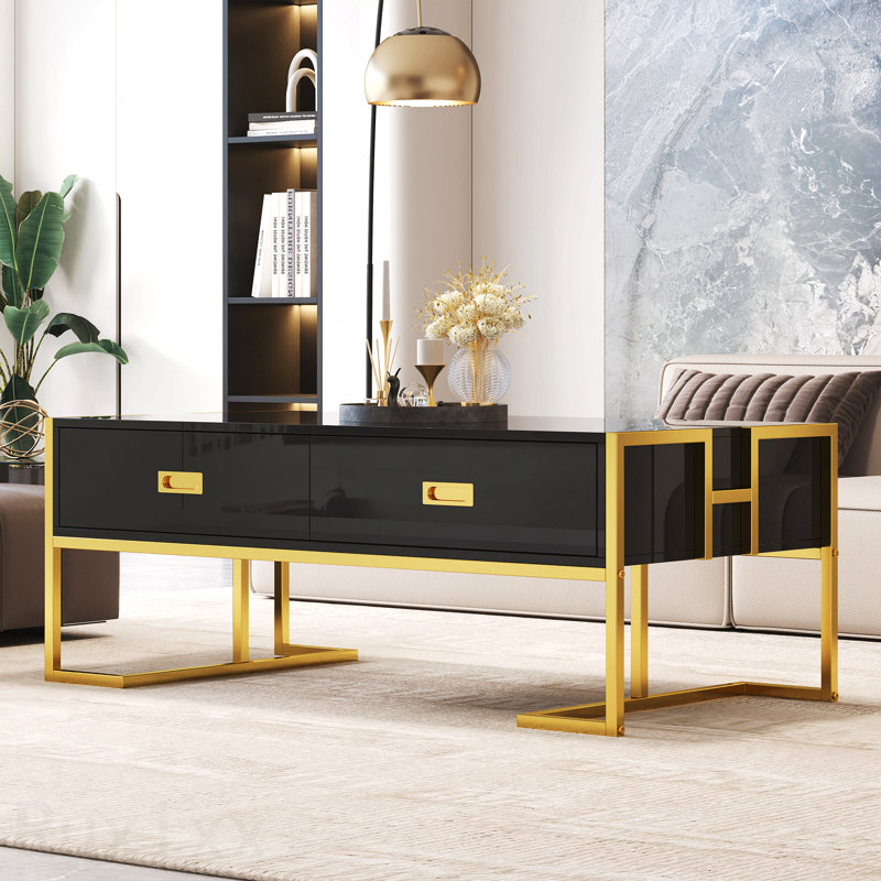 Table basse moderne 47,3 "avec 4 tiroirs et base dorée, Noir