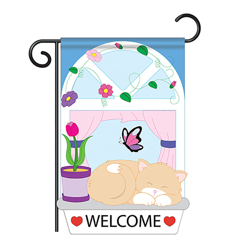 Deux kittys de la nature de l’animal de compagnie applique un polyester vertical décoratif de 2 côtés 19 x 13 po drapeau de jardin