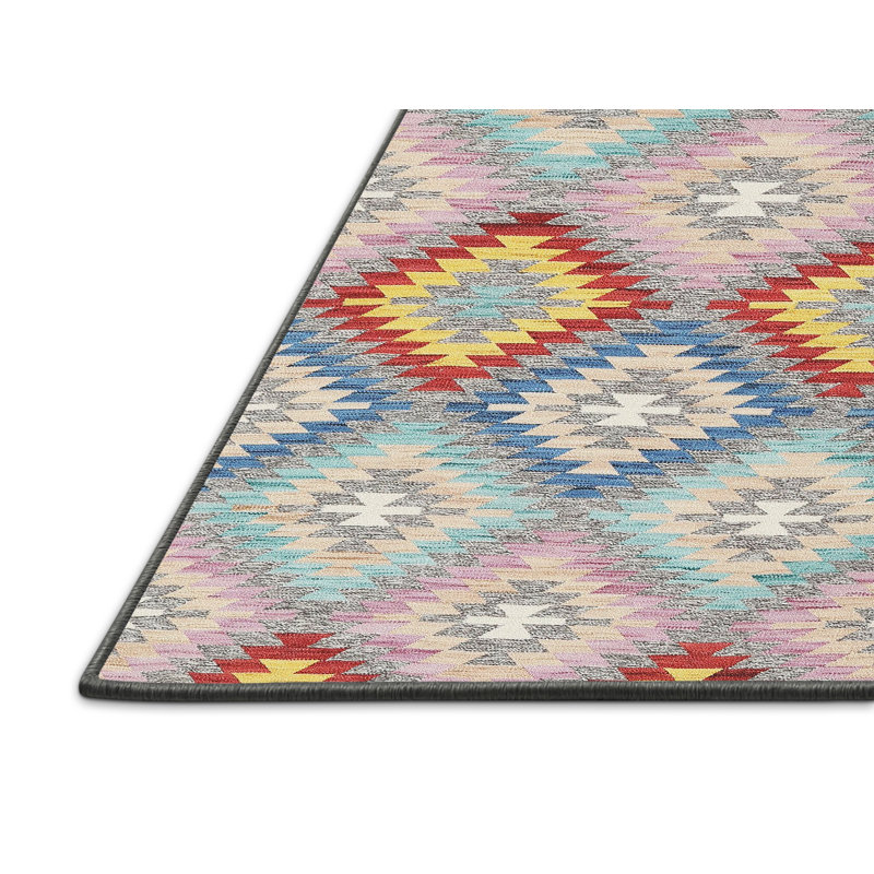 Tapis de zone rouge/jaune/rose contemporaine, Rectangle 4 pi x 6 pi