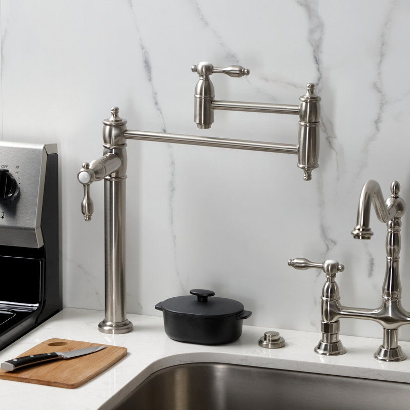 Kingston Brass Tudor Two-Handle 1-Hole Deck Mount Pot Filler Faucet, Brushed Nickel