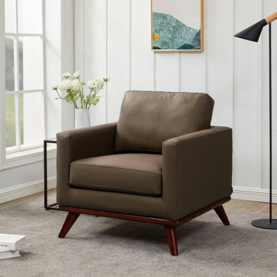 Fauteuil d'appoint Khadeshia en cuir, style moderne du milieu du siècle – Structure en bois de bouleau massif, mousse haute densité et ressorts ensachés, capacité de charge de 136 kg (300 lb), idéal pour le salon, la chambre ou un bureau de direction.