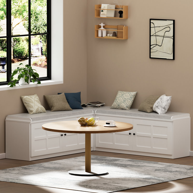L Shape Storage Bench, Kitchen Breakfast Nook Bench With Cushion Backless Corner Bench Nook  For Entryway  Dining Room Cloakroom, White