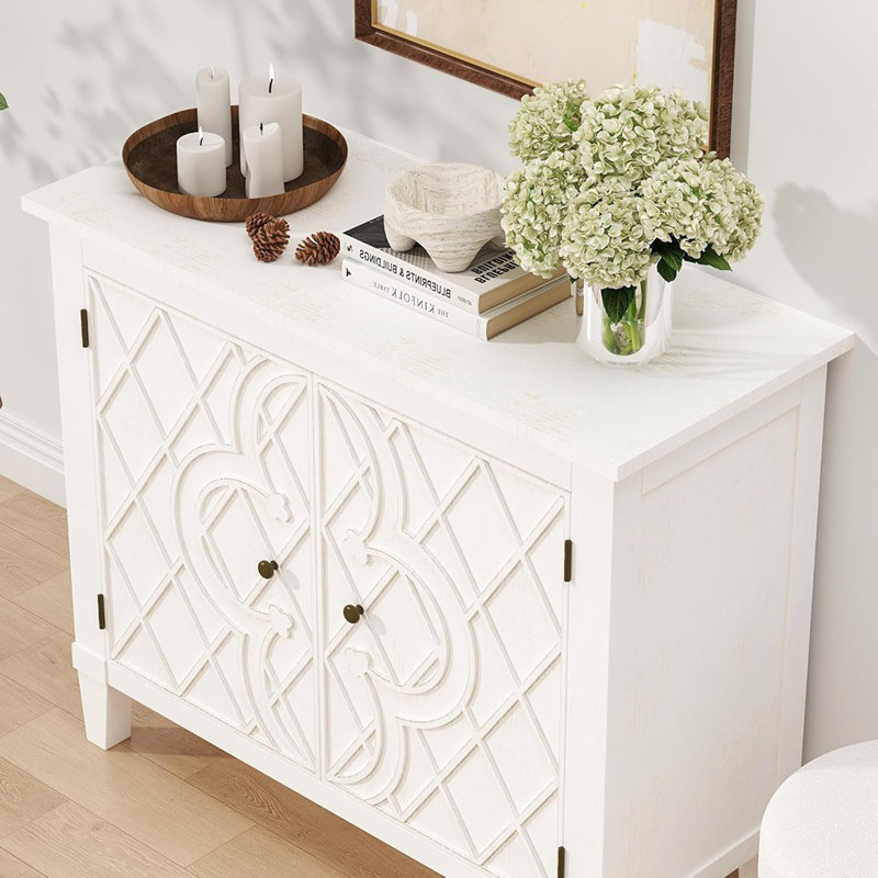 Armoire à café avec portes sculptées et tablette - blanc vieilli