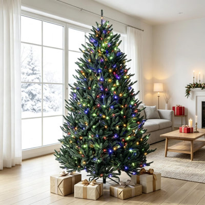 Sapin de Noël artificiel bleu épicéa du Colorado de 2,3 m (7,5 pi) pré-illuminé, tronc motorisé, feuillage articulé avec lumières DEL bicolores et commande au pied pour décoration intérieure saisonnière