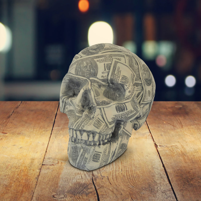 5.75"W Skull Covered with Dollar Bill Figurine