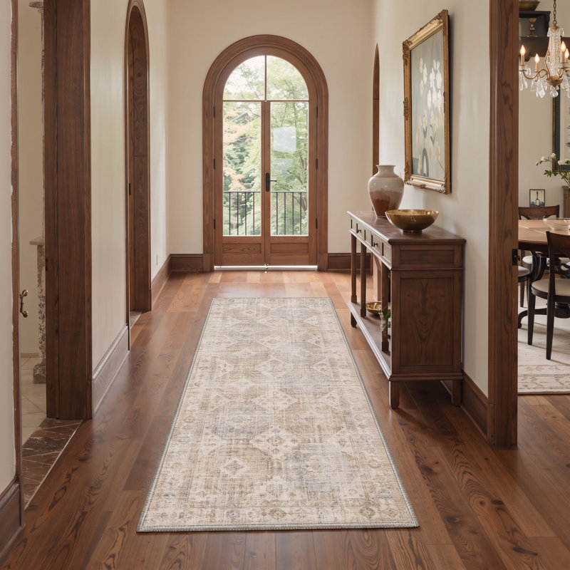 Tapis de couloir traditionnel oriental beige/ivoire, performant, à poils courts, lavable et antidérapant