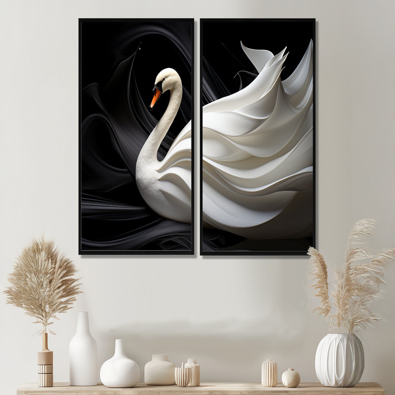 Noir et blanc «Elegy of a Swan» - art mural blanc, H 20 po x l 24 po, Impression encadrée flottante, Noir